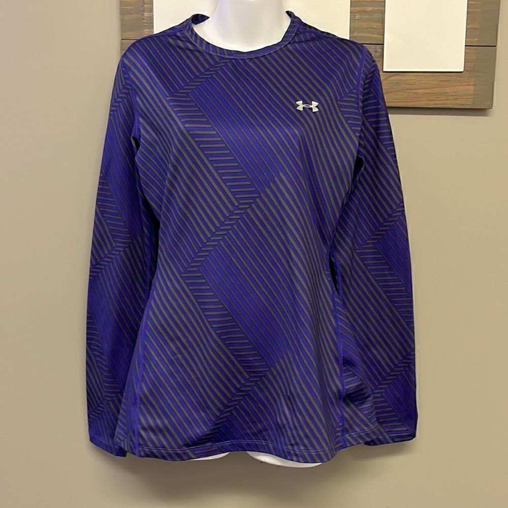 Under Armour Women’s Purple/Gray HeatGear Long Sleeve Striped Pullover-large